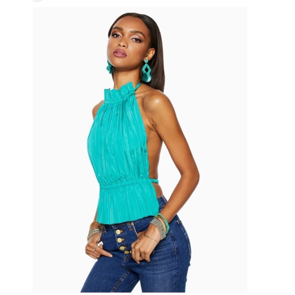 Ramy Brook Teal Pleated Halter Tie-Back Top